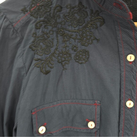 Johnny Was 3J Workshop Babydoll Button Up Top Embroidered Striped Y2k Blue - Picture 9 of 15